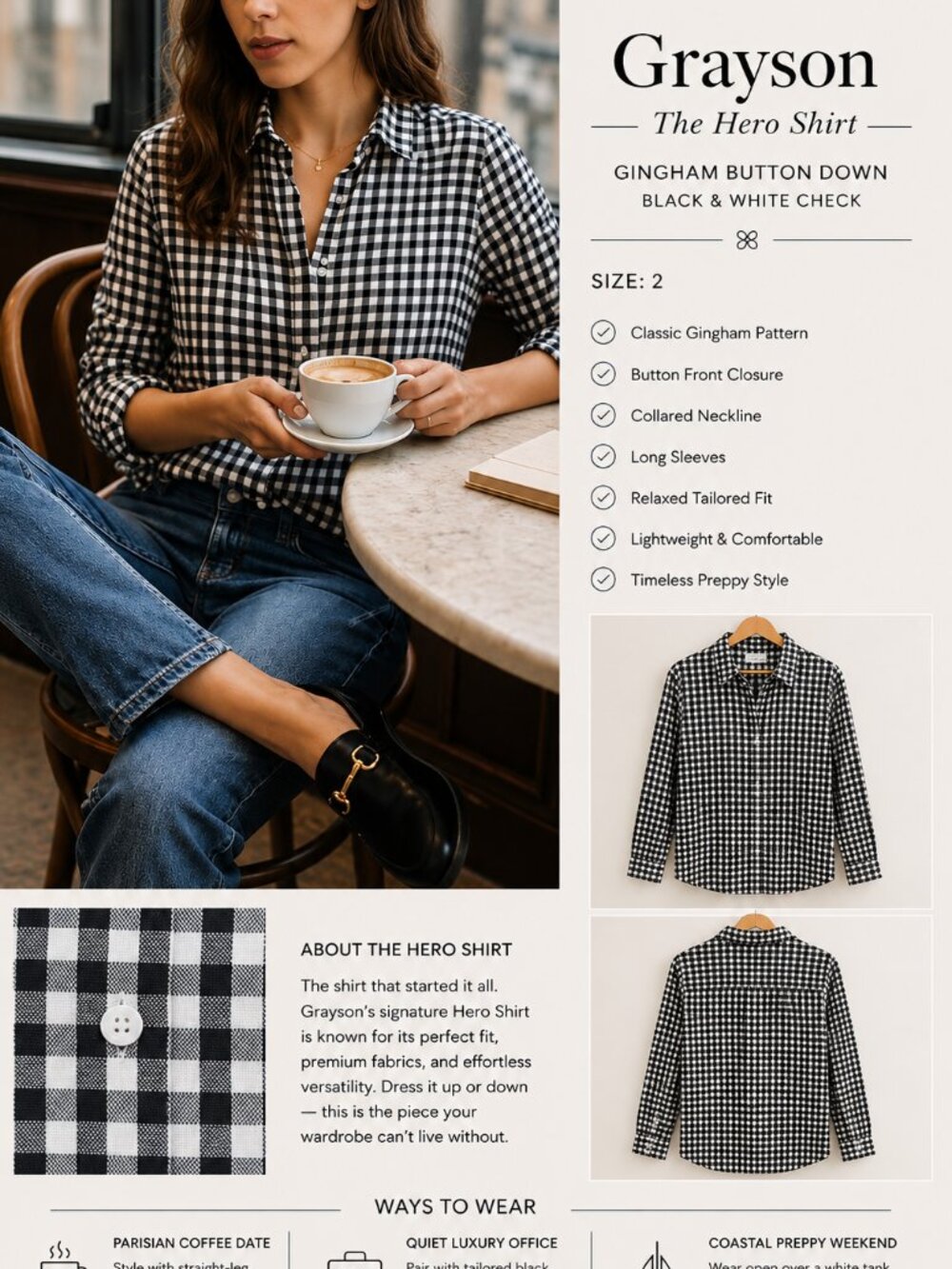 Grayson The Hero Shirt Gingham Button Down Black White Check SZ2S Preppy Classic